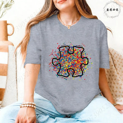 2026 Trendy Women's Autism Awareness T-shirts Creative Colorful Splatter Puzzle Graphic Female Clothing Short Sleeve Casual Tees