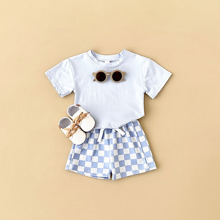 2PCS Kids Clothes Baby Boys Girls Solid Color Short Sleeve T-shirt Plaid Pattern Shorts Sets Baby Clothing Sets 0-3Y