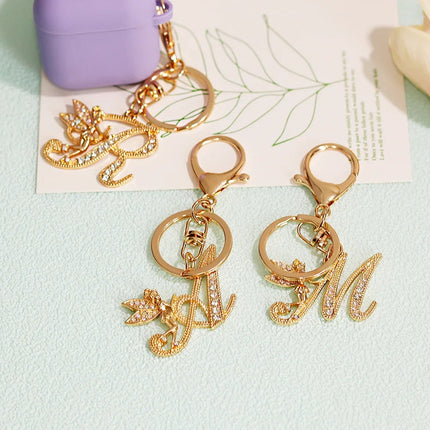 A-Z Rhinestone Elf Girl Letter Keychain Gold Color Initial Name Keyrings Girls Car Key Holder Handbag Purse Charms Decoration