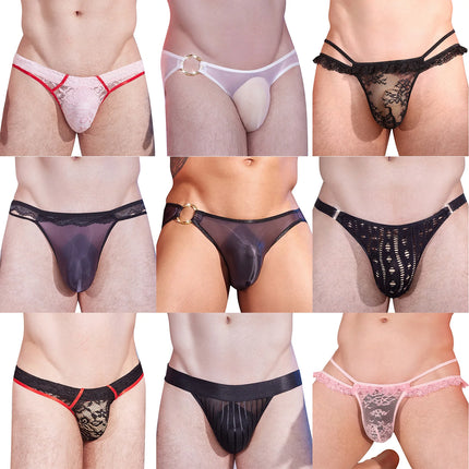 Mens Sissy Lace Briefs T-back G-string Underwear Floral Lace Sheer Mesh Low Rise Panties Bikini Lingerie Club Dating Nightwear