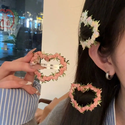 Sweet Flower Embroidery Hair Clips for Girl Love Heart Shaped Hairpins Princess Baby Barrettes Sided Clips Kids Hair Accessories