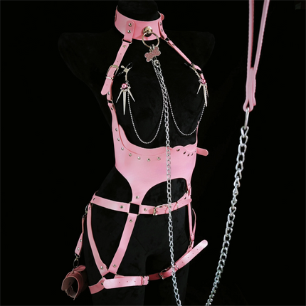 Pink PU Leather Body Harness Set with Choker and Handcuffs Sensory Play Bondage Lingerie for Couples Set for Sensual Role Play