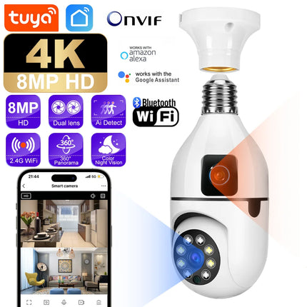 8MP HD PTZ WiFi Dual Lens Dual Screen E27 Bulb Camera Tuya Smart Life Security Video Surveillance Camera Ai Human Auto Tracking