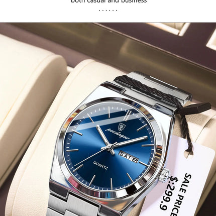 POEDAGAR Luxury Watch For Man Waterproof Luminous Date Week Stainless Steel Men Watch Casual Quartz Men's Watches Male Clock+box