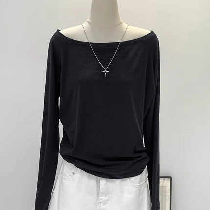 One Shoulder Cotton Slant Shoulder Long Sleeve Women's Interior-Style Wide Truffle Shoulder Base Autumn Winter Shirt