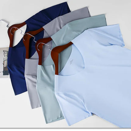 4Pcs Summer Ice Silk Men T-Shirt Vest Men's No Trace Sports Short Sleeve T-shirt Solid V-neck Tees Quick Dry Shirt Tops Fitness