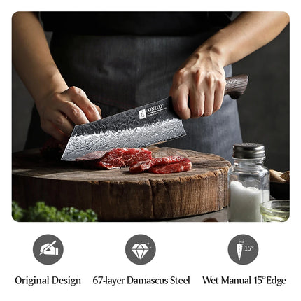XINZUO 1-9 Piece Damascus Knife Set 67-Layer Steel Paring Utility Santoku Nakiri Cleaver Bunka White Oak Red G10 Handles