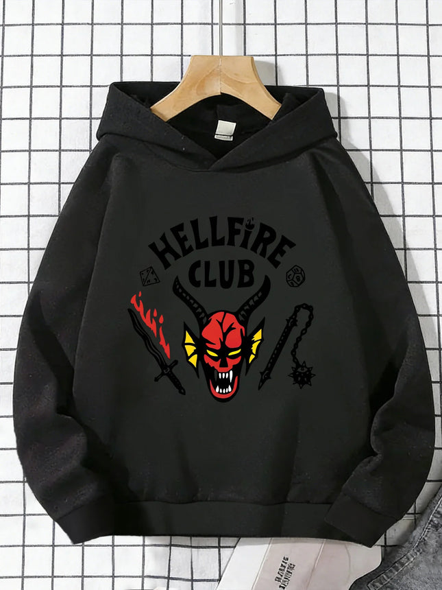 Dark Demon Skull Print Fantasy Weapon Element Cool Children's Black Hooded Sweatshirt
