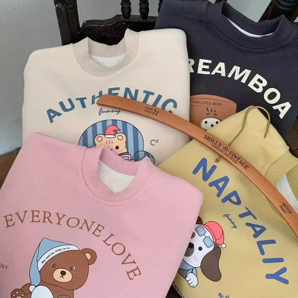 Baby Fashion Cartoon Print Long Sleeve Fleece Sweatshirt Winter Plus Velvet Thick Children Casual Pullover Infant Boy Sweatshirt