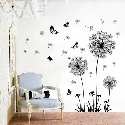 Black dandelion butterfly sticker for living room bedroom decoration self adhesive wall decor