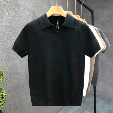Men's Polo Neck Short Sleeve Knitted Sweater Slim Fit Summer Fashion Turn-down Collar Base Shirt Casual Style Pure Color