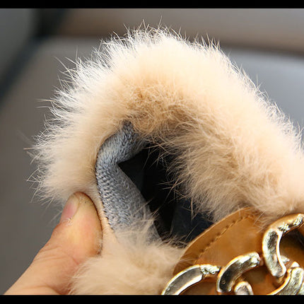 Kids Fur Shoes Children Velvet Shoes Baby Girls Warm Flats Toddler Black Brand Shoes Princess Loafer Chain Moccasin For Winter