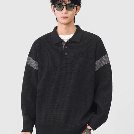 Autumn Winter Polo-Style Colour-Block Knit Sweater Men Effortlessly Stylish Relaxed Fit Loose Collar Top Warm Cosy