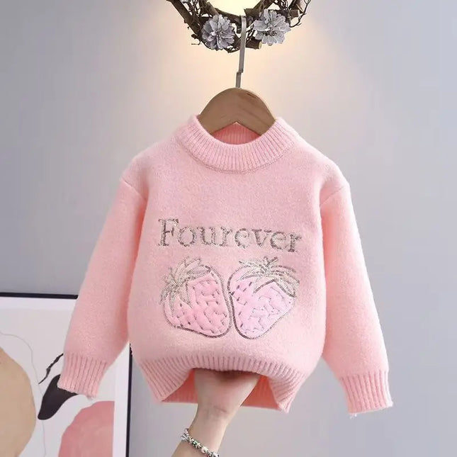 Fall Winter Cute strawberry Sweater Solid Color Girl Pullover Korean Style Round Neck Princess Letter Sweaters for Girls IY07272