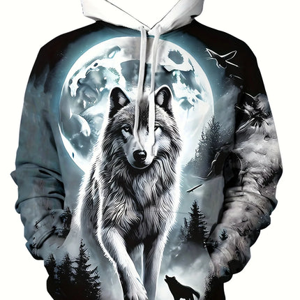 Men'S 3D White Wolf Print Hoodie, Casual Long Sleeve Pullover with Drawstring Pocket, 100% Polyester Slight Stretch Men Clothing