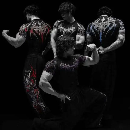 GYM T-shirt Men's Dark Gothic Print Muscle Tee  High Elasticity And Quick Drying Exercise For Bodybuilding Training 2025 Summer