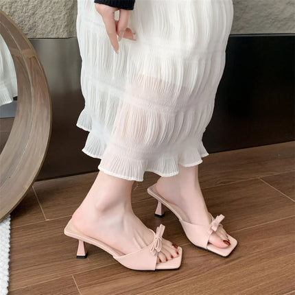 Designer Women Square Toe High Heel Slippers Fashion Butterfly-knot Dress Shoes Summer Stripper Mules Slides Zapatos De Mujer