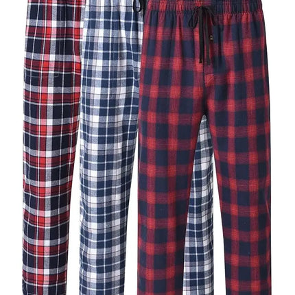3Pcs Men's 100% Cotton Plaid Pajama Sleeping Pants, Long Plaid Print Sleepwear Pajama Pants with Elastic Waist Homewear