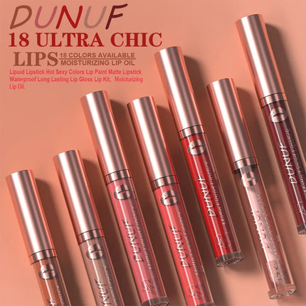 DUNUF 18 Color Matte Velvet Lipstick Waterproof Long-lasting Nude Matte Lip Gloss Clear Moisturizing Lip Oil for Women Makeup