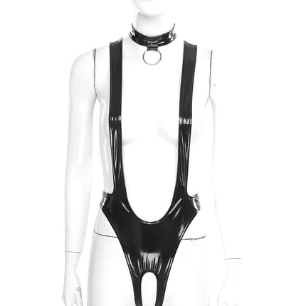 Womens Sexy Glossy Patent Leather Bodysuit – Plunging V-Neck, Backless & Footed for A Bold Night Sissy One-Piece Lingerie Outfit