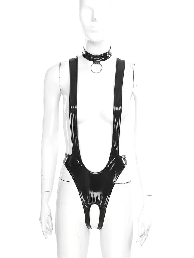 Women's Sexy Glossy Patent Leather Bodysuit – Plunging V-Neck, Backless & Footed for A Bold Night Sissy One-Piece Lingerie Outfit