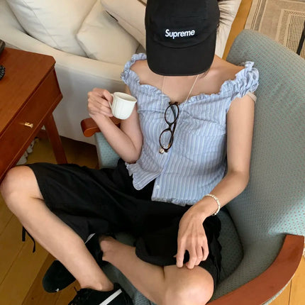 Korean Sle ort Striped Vest Women Summer Outerwear Subtle Design Single Button Lobone Trendy Age-Defng Top