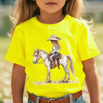 Girl Clothes Cow Girl Riding Horse 3D Print T-Shirt Western Festival Casual Top Summer Short Sleeve Outdoor Children's Clothing