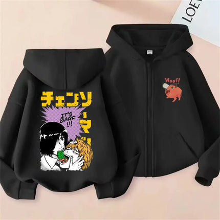 Anime Chainsaw Man Washed Retro Zipper Hoodie Cartoon Denji Pochita Funny Graphic Zip Up Jacket Men Women Manga Oversized Coat