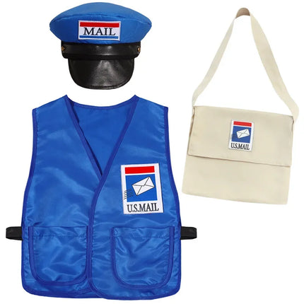 Kids Cosplay Postman Boys Girls Professional Mail Carrier Uniform Costume with Hat Halloween Carnival Dress Up Party Stage Show