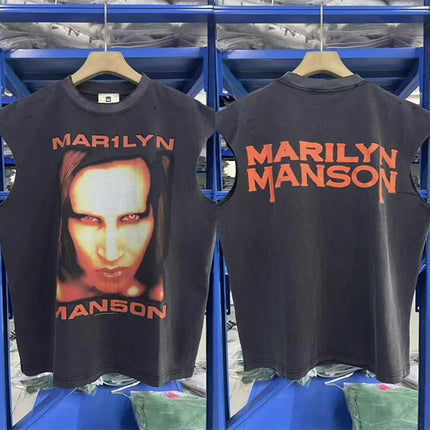 Summer Rock Manson Pattern Print Vintage American High Street Casual Loose Cotton Washed Tank Top Trendy Hip Hop Men Vest