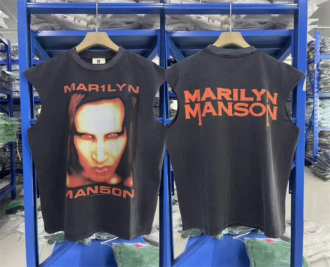 Summer Rock Manson Pattern Print Vintage American High Street Casual Loose Cotton Washed Tank Top Trendy Hip Hop Men Vest