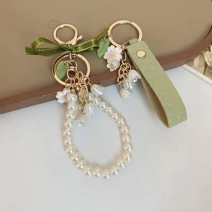 2pcs Lily of The Valley Flower Leather Keychain for Women Korea Fashion Sweet Key Chains Green FairyCore Accessories