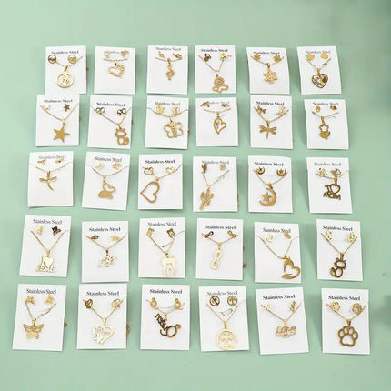 5/10/15/20Sets Fashion Butterfly Flowers Heart Stainless Steel Earrings and Necklace Set Mix Style Daily Trendy Jewelry Party