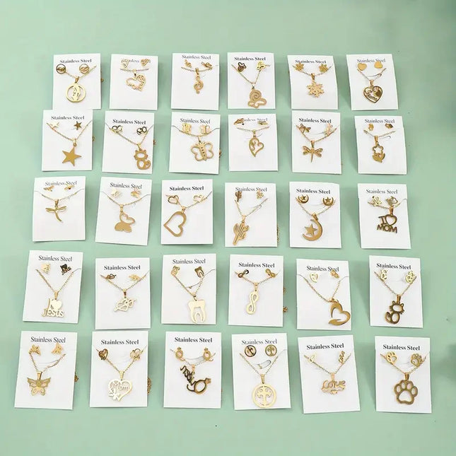 5/10/15/20Sets Fashion Butterfly Flowers Heart Stainless Steel Earrings and Necklace Set Mix Style Daily Trendy Jewelry Party
