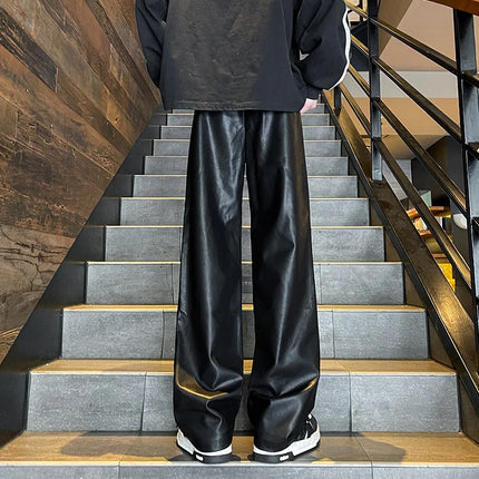 2024 Men's PU Leather pants Fashion baggy Motorcycle Pants Men Wide-leg Mopping Trousers All-match Windproof Plus Size 8XL-M