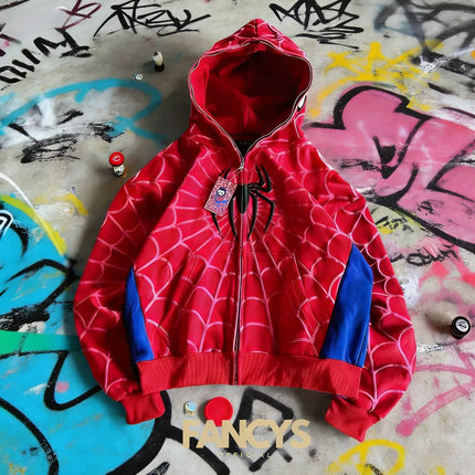 Red hoodie sweatshirt zipper warm Harajuku punk grunge Women Hip hop sweatshirt Hoodie Foam printing Y2k clothing Spider web