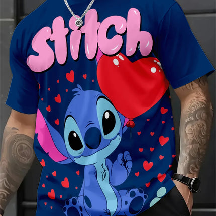 Men Disney Stitch T-Shirt, Cartoon Heart Balloon Design Casual Streetwear Top