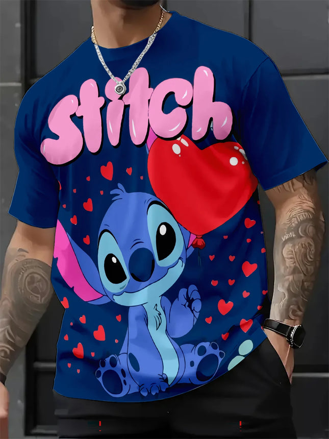 Men's Disney Stitch T-Shirt, Cartoon Heart Balloon Design Casual Streetwear Top