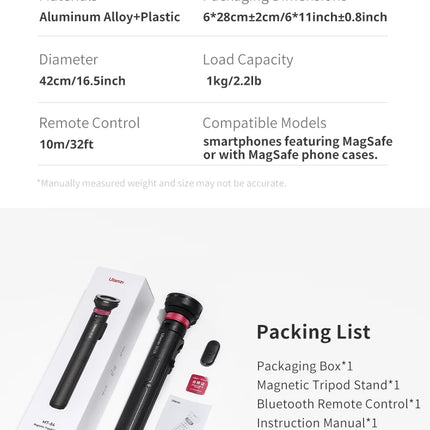 Ulanzi MT-84 Smartphone Tripod Quick Release Magnetic Support Magsafe Case Phone Come With Bluetooth Controler For iPhone 15  14