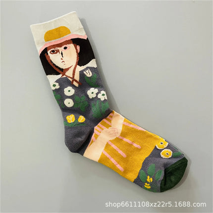 Bonne Maison French Small Batch Women's Fun Oil Painting Style Mid-Calf Cotton Dopaamine Colorful Socks Moisture Wicking Sweat