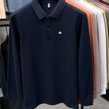 Men's Long-Sleeve Golf Polo Shirt, Branded Print, Spring, 100% Cotton, Comfortable, Breathable, Fashionable, Casual, High-End T-shirt
