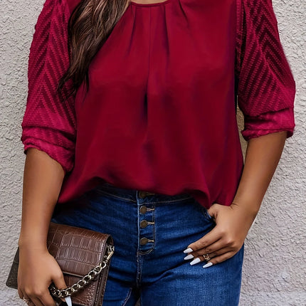 Plus Size Women's Solid Elegant Crew Neck Shirt Casual Mesh Patchwork Long Sleeved Temperament Commuting Versatile Fashion Tops