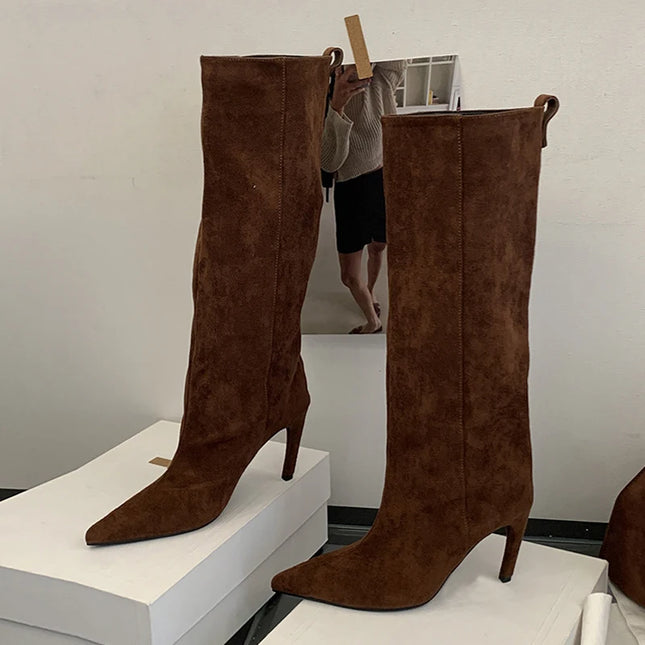 Liyke Autumn Winter Fashion Slim Knee High Boots Women Sexy Pointed Toe Low Thin Heel Shoes Female Long Booties Zapatos De Mujer