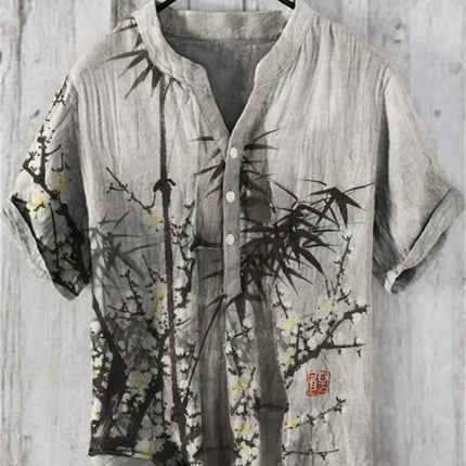 European Size Fashion Plus Comfortable Short Sleeved Men's New V-Neck Travel Printed Linen Breathable Men's Shirt