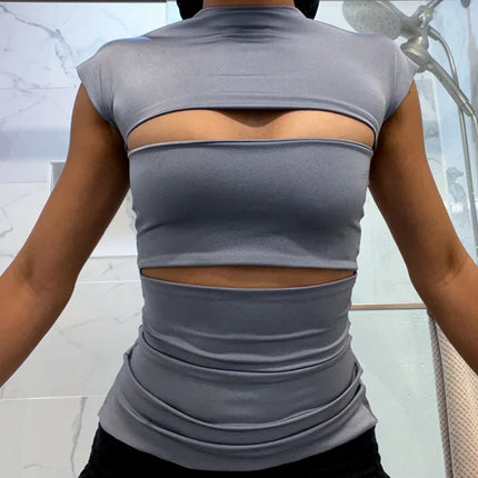 Sexy Wrap Chest Hollow Out Turtleneck Slim T-Shirt Women Short Sleeves Bottoming Shirt Ladies Tee Shirt Tops Camisetas Mujer