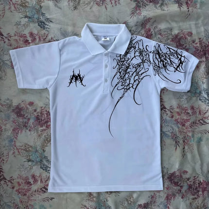 Y2K Polo Shirt Print Rock Goth Oversized T-shirt Hip Hop Button-down Collar Shirt Punk Casual Tee Minimalist and Fashionable