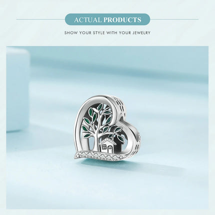 Bamoer 925 Sterling Silver Green Transparent Clover Beads The Tree of Life Family Pendant Plant Charms for Women Necklace DIY