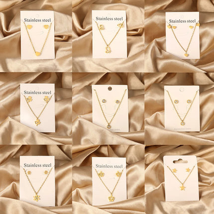 LUXUKISSKIDS Chic Elegant Heart Indian Fine Jewelry Sets Women Wedding Crown Steel Necklace And Earrings bijoux Bulk Wholesale