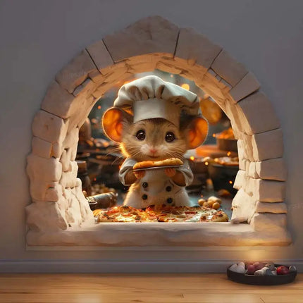 Chef Mouse Wall Decal - Adorable Mouse Hole Sticker with Cute Chef Mouse Making Pizza in Kitchen-Quirky Kitchen Decor M1082