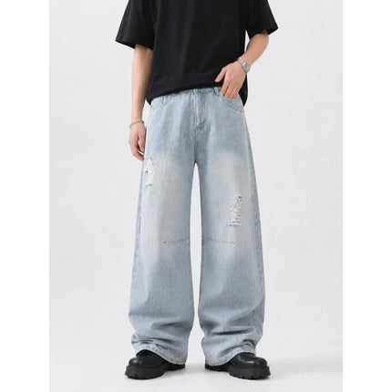 Men's American High Street Baggy Jeans 2026 Summer New Light Wash Distressed Knife Cut Wide Leg Casual Denim Pants
